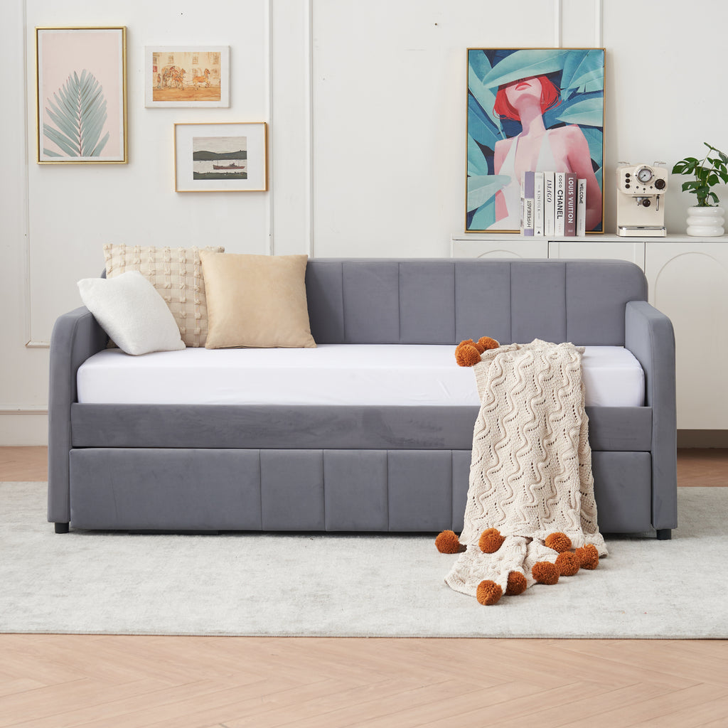 Twin Upholstered Daybed Frame with Trundle, Twin Size Sofa Bed for Bedroom Living Room Guest Room, Wood Slat Support,Grey - Grand Goldman Shop