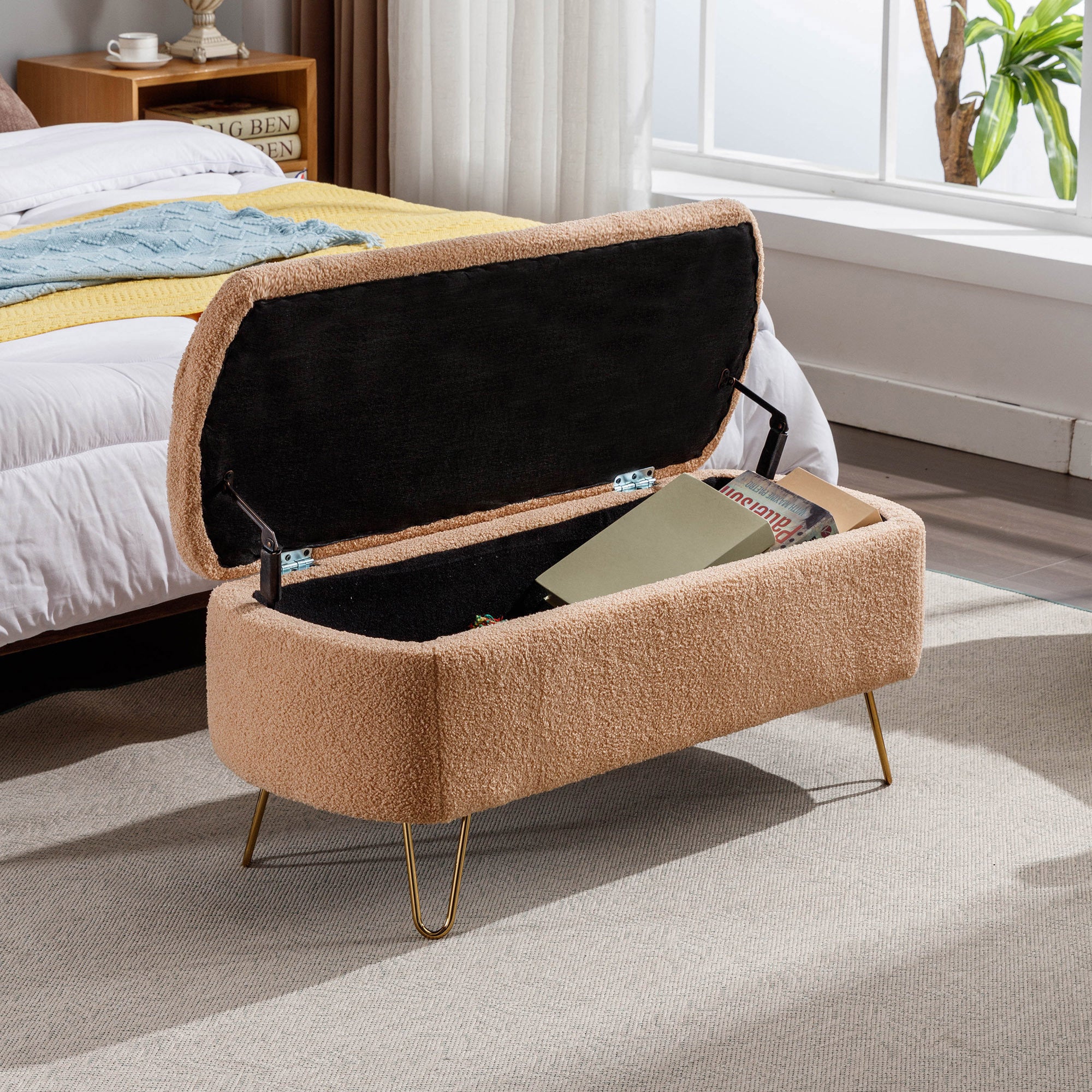 Camel Storage Ottoman Bench for End of Bed Gold Legs, Modern Camel Faux Fur Entryway Bench Upholstered Padded with Storage for Living Room Bedroom - Grand Goldman Shop