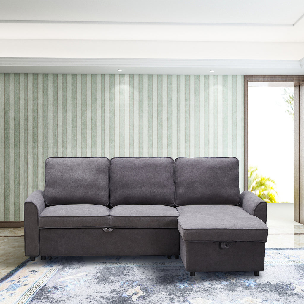 MGEA Modern modular L-shaped sofa bed with chaise longue, reversible sofa bed with pull-out bed and storage, 4-seat linen fabric convertible sofa for living room dark grey - Grand Goldman Shop