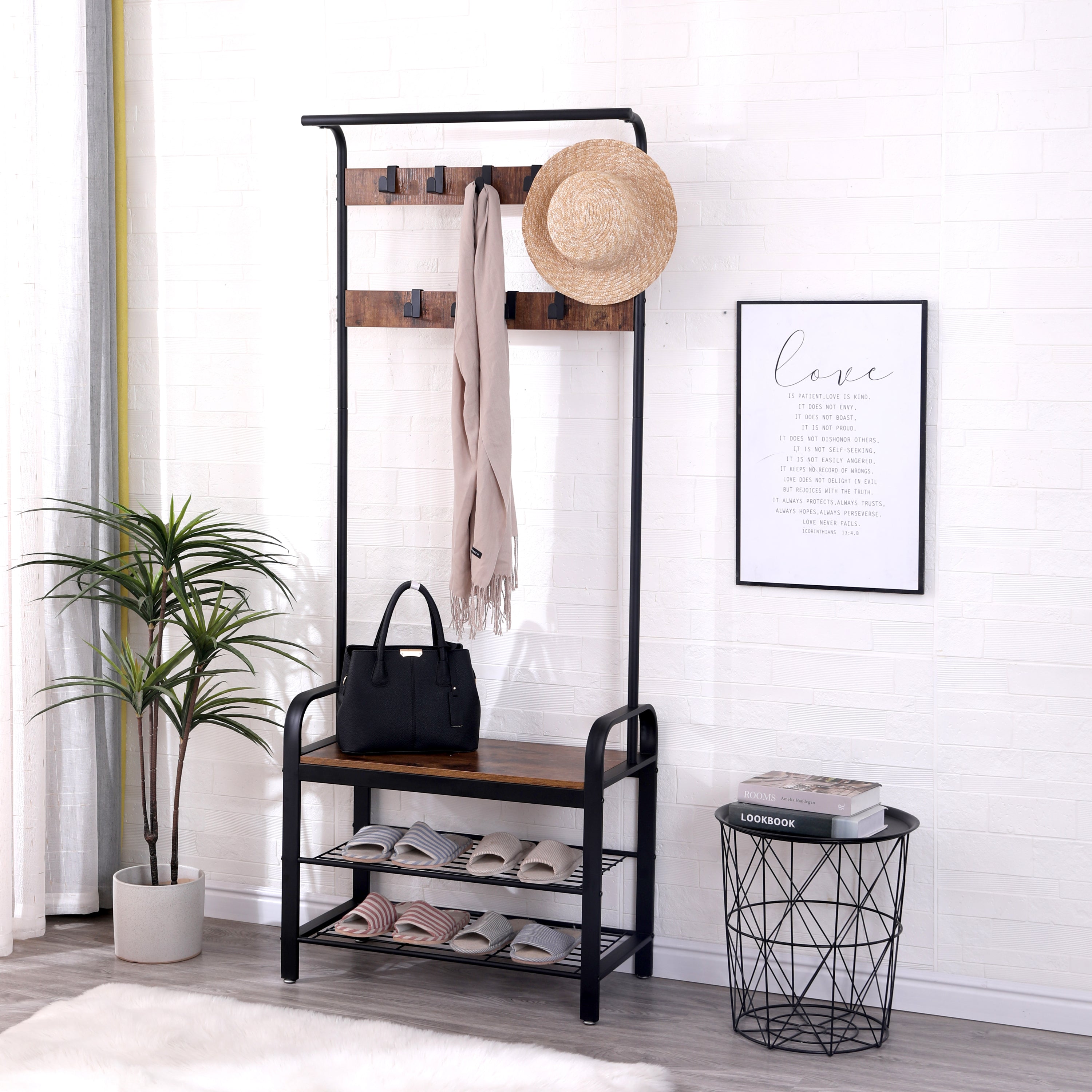 Coat Rack, Hall Tree with Shoe Bench for Entryway, Entryway Bench with Coat Rack, 4-in-1, with 9 Removable Hooks, a Hanging Rod, 13.8 x 25.2 x 72.8 Inches, Rustic Brown and Black - Grand Goldman Shop