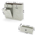 Farmhouse Barn Door Style Double Tilt Out Trash Cabinet for 20 Gallon Cans with Free Standing Recycling and Laundry Storage, Antique White & Brown Woodgrain - Grand Goldman Shop