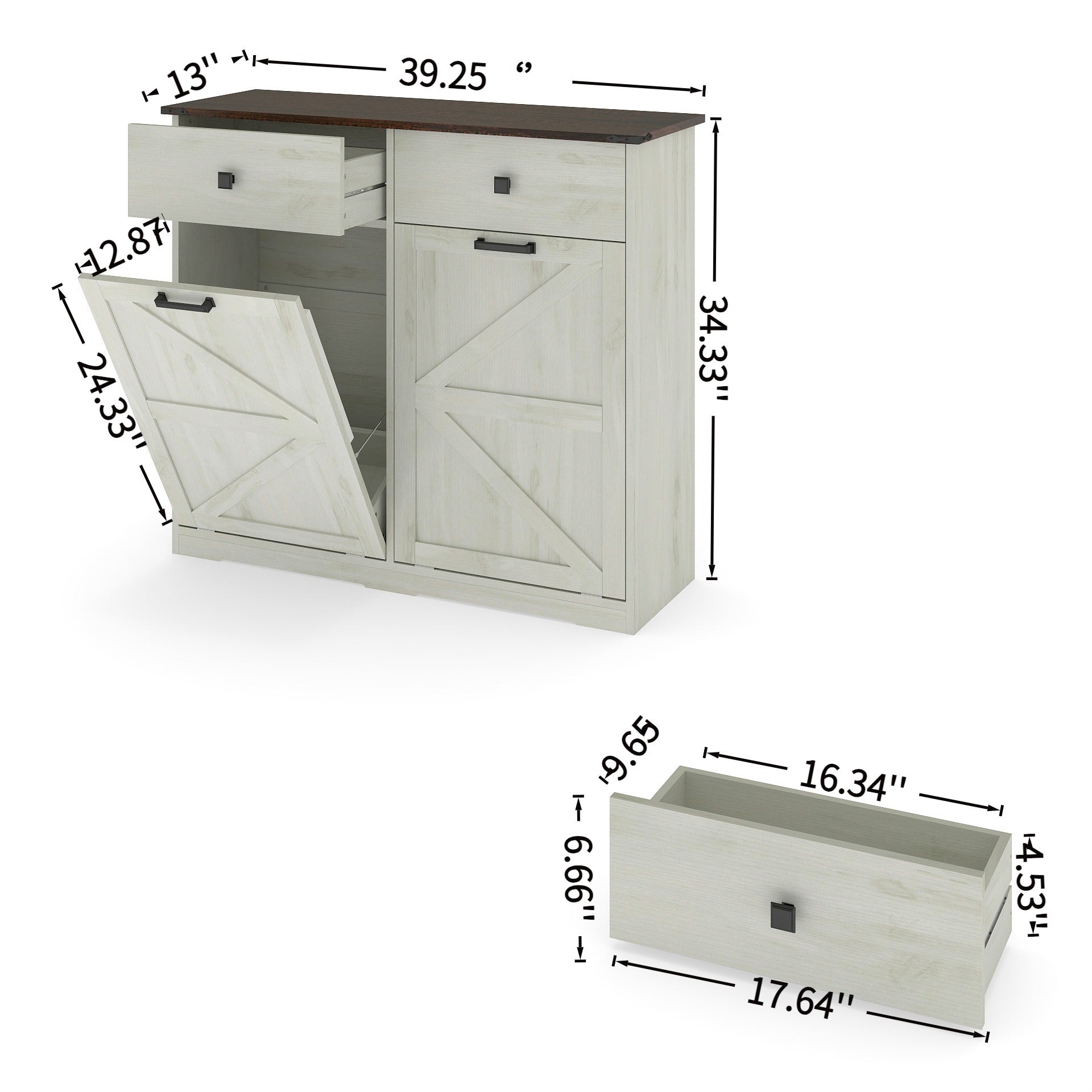 Farmhouse Barn Door Style Double Tilt Out Trash Cabinet for 20 Gallon Cans with Free Standing Recycling and Laundry Storage, Antique White & Brown Woodgrain - Grand Goldman Shop