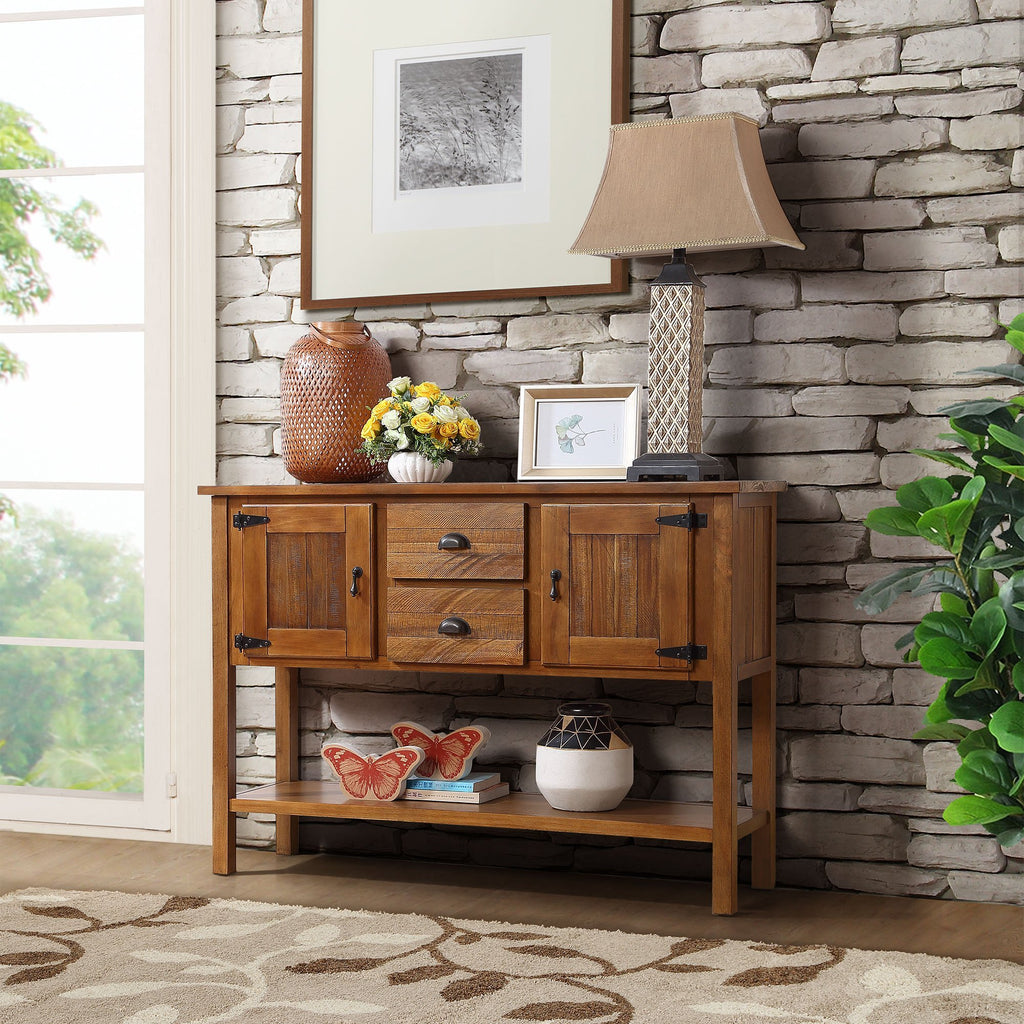 46'' Solid Wood Sideboard Console Table with 2 Drawers and Cabinets and Bottom Shelf, Retro Style Storage Dining Buffet Server Cabinet for Living Room Kitchen Dining Room(Brown) - Grand Goldman Shop