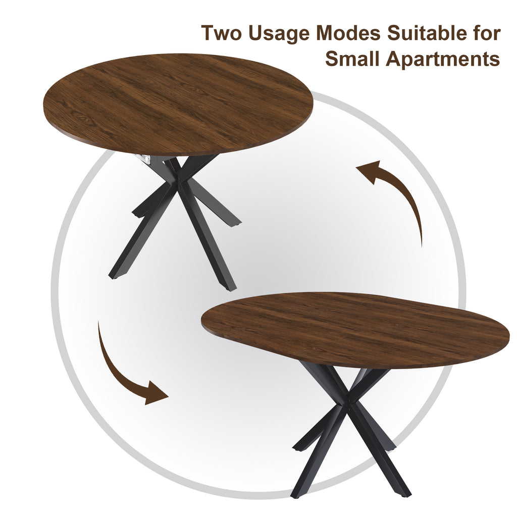 Modern Solid Wood Veneer Retractable Dining Table, Round Extendable 6-Person Table, Walnut MDF with Carbon Steel Base, 42-58 Inches - Grand Goldman Shop