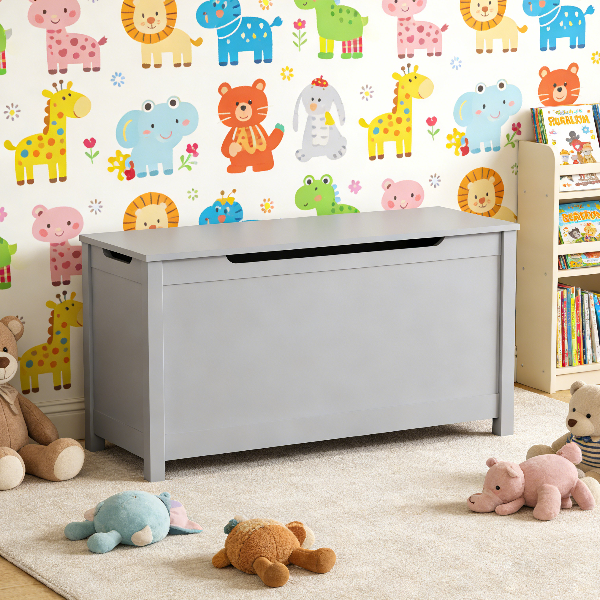 Kids Wooden Toy Box Storage with Safety Hinged Lid for Ages 2+ (Gray) | Premium Home Decor - Grand Goldman