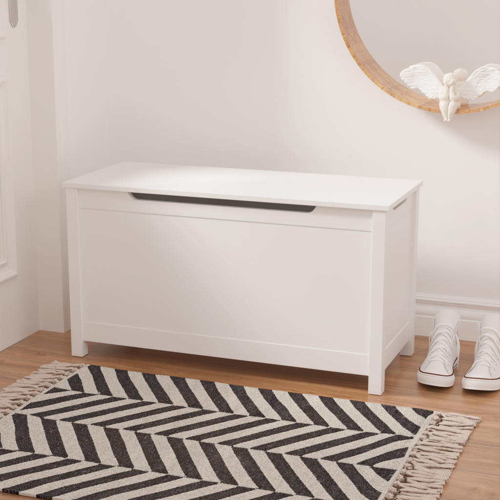 Kids Wooden Toy Box Storage with Safety Hinged Lid for Ages 2+ (White) - Grand Goldman