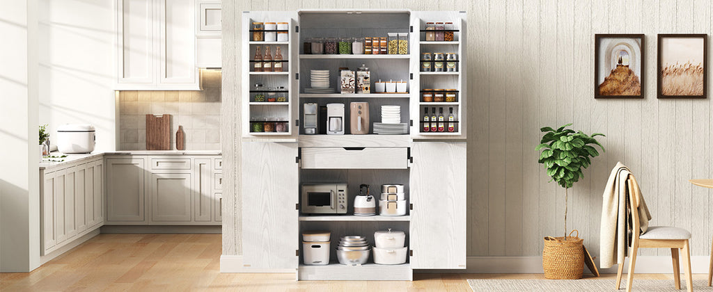 K&K 72' Tall Farmhouse Kitchen Pantry Cabinet with 8 Door Shelves, Curved Design Storage Cabinet with 3 Adjustable Shelves, Hidden Drawer, Versatile Cupboard for Kitchen, Dining & Bathroom, White - Grand Goldman Shop
