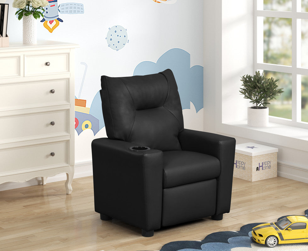 Evelyne 23'W Black PU Leather Kids Recliner Chair with Cupholder - Grand Goldman