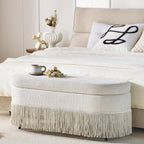 Oval Upholstered Storage Ottoman with Fringe Trim & Lift-Top Lid - 39'L x 16'W x 17'H, Multi-Functional Footrest & Hidden Storage for Living Room or Bedroom - Beige Fabric with Metal Frame - Grand Goldman Shop