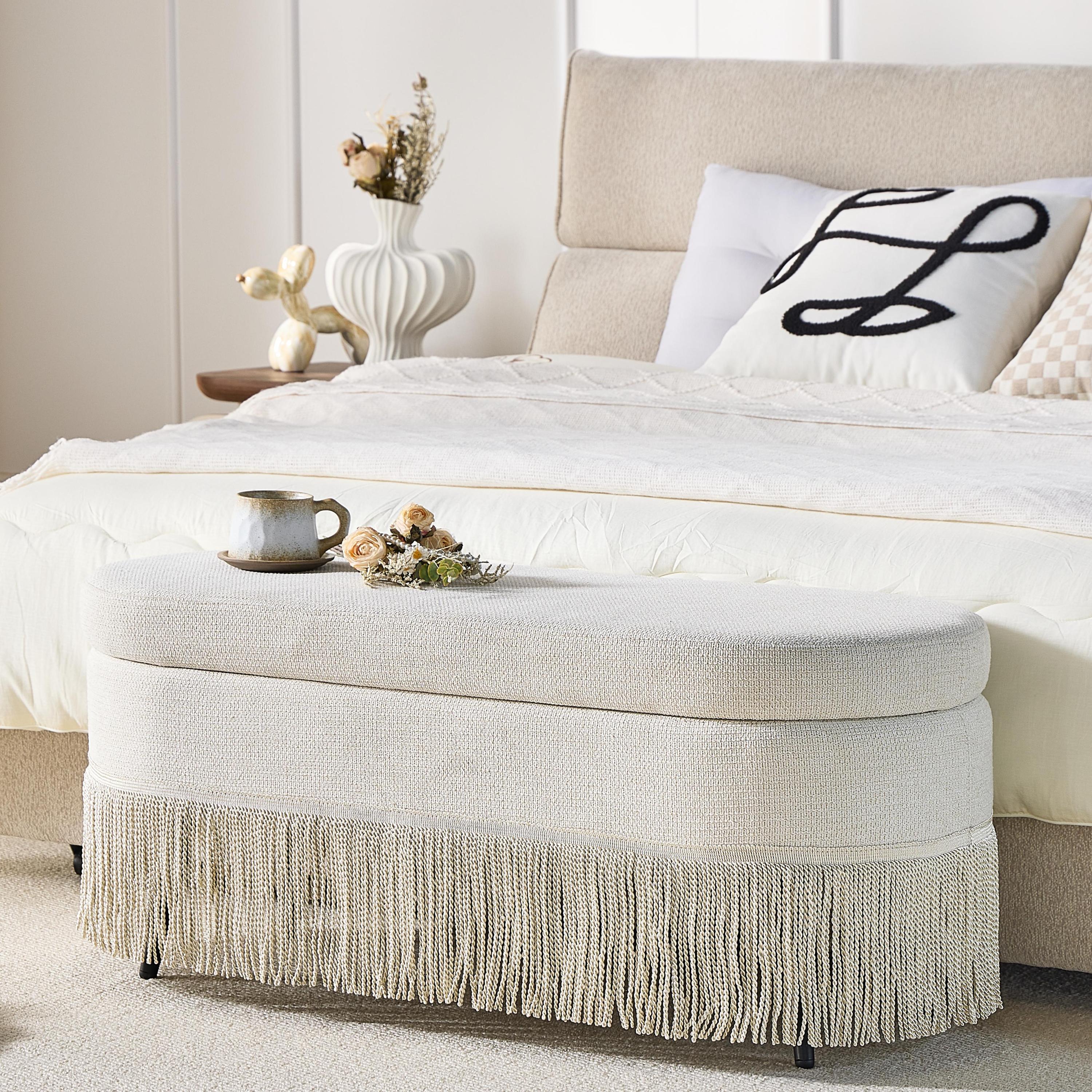Oval Upholstered Storage Ottoman with Fringe Trim & Lift-Top Lid - 39'L x 16'W x 17'H, Multi-Functional Footrest & Hidden Storage for Living Room or Bedroom - Beige Fabric with Metal Frame - Grand Goldman Shop