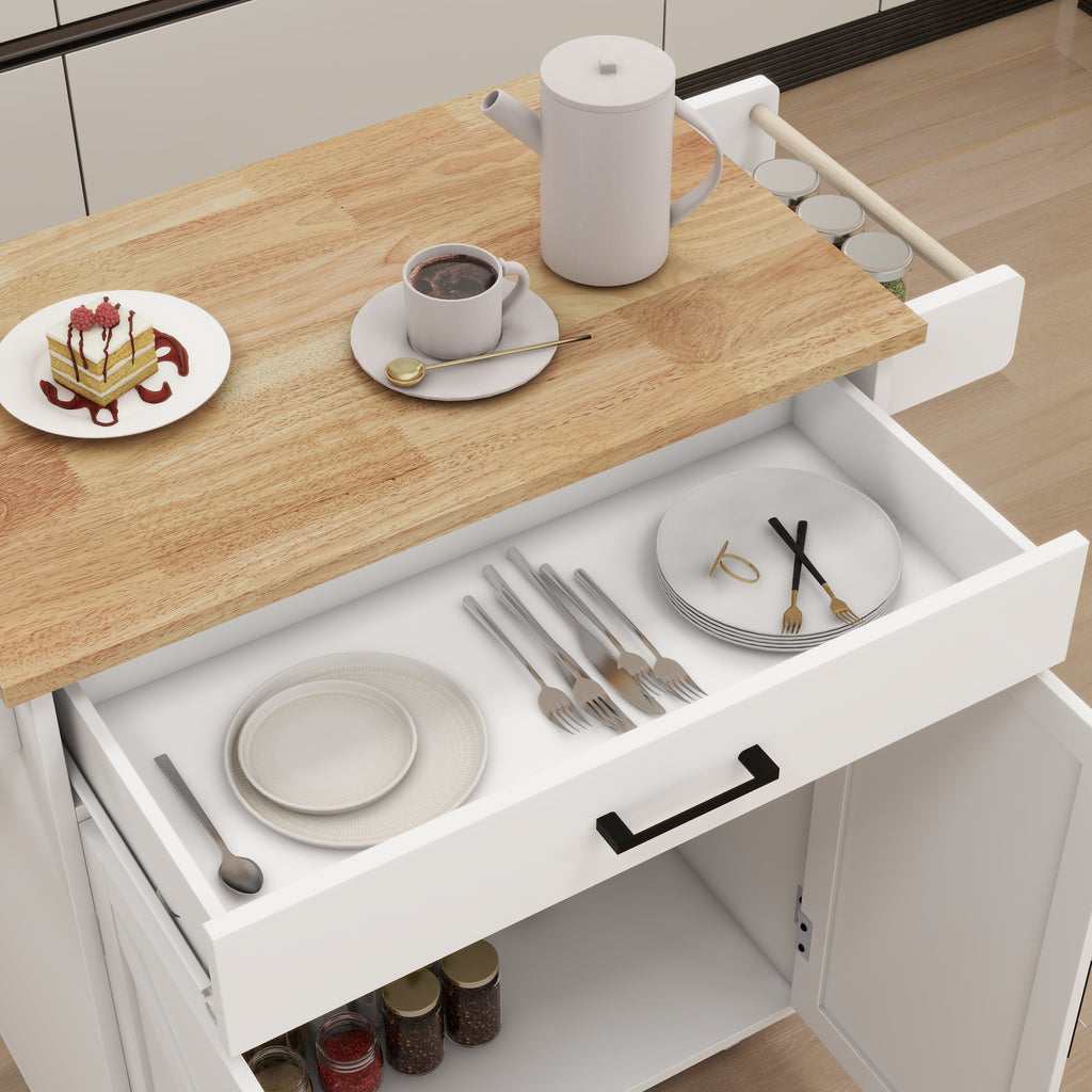 Kitchen island rolling trolley cart with Adjustable Shelves & towel rack & seasoning rack rubber wood table top-White - Grand Goldman Shop