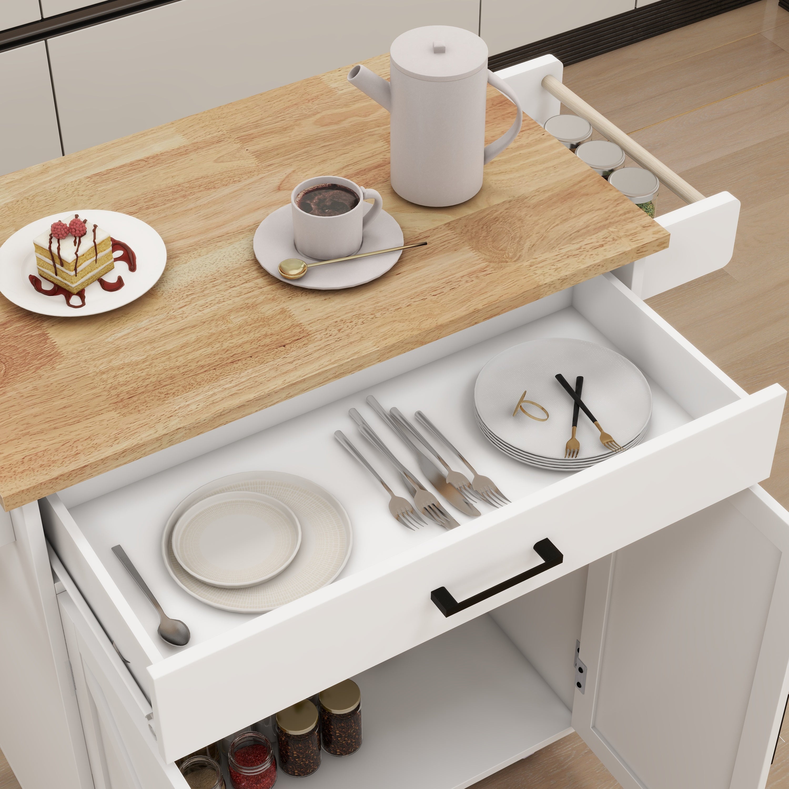 Kitchen island rolling trolley cart with Adjustable Shelves & towel rack & seasoning rack rubber wood table top-White - Grand Goldman Shop