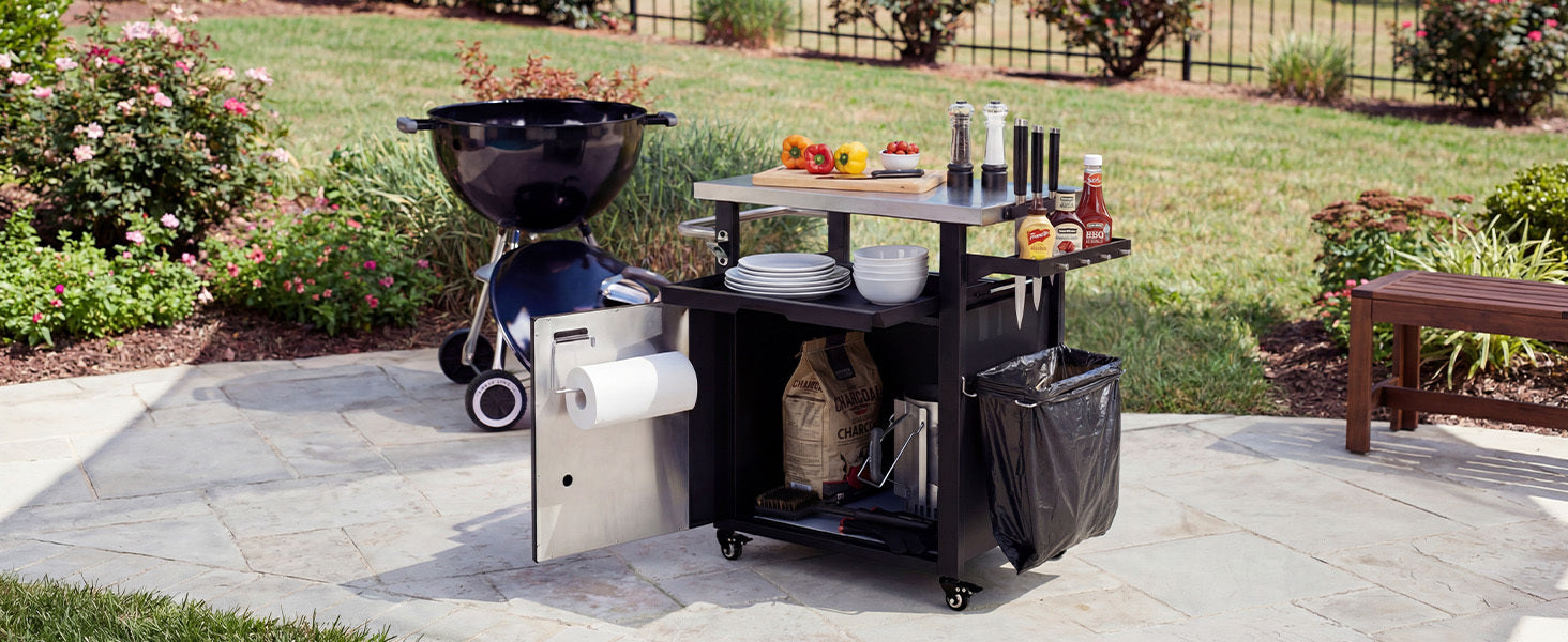 K&K 39.5' Outdoor Grill Cart with Storage Cabinet, Outdoor Bar Cart Pizza Oven Table with Wheels, Stainless Steel Top, Outdoor Kitchen Island with Spice & Paper Rack for BBQ, Waterproof Cover Included - Grand Goldman Shop
