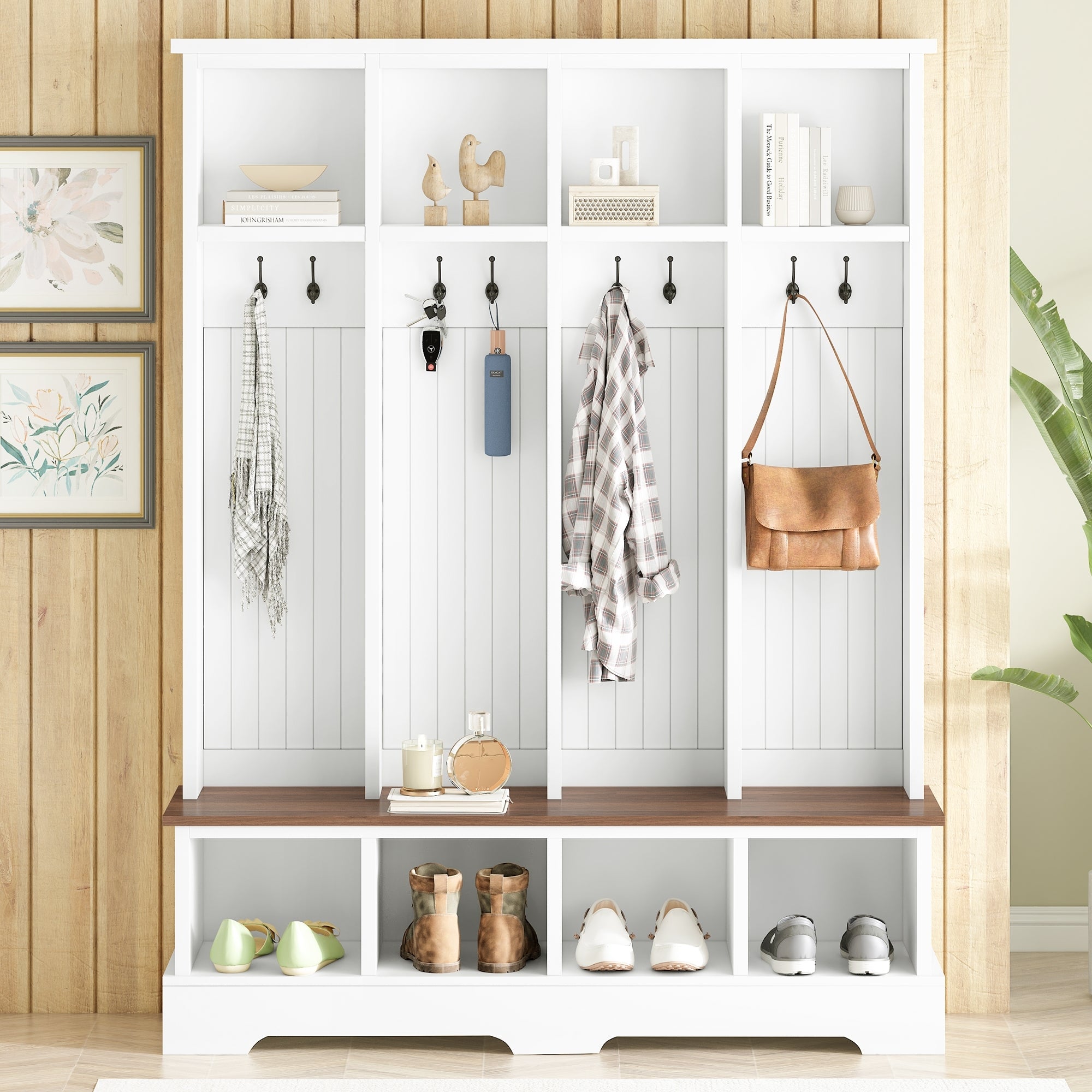 Farmhouse Hall Tree with 8 Hooks, Practical Entryway Bench with Open Compartments, 76.7'H Modern 3-in-1 Wooden Style Coat and Shoe Rack for Mudroom, Living Room, White (OLD SKU: N721P292601K) - Grand Goldman Shop