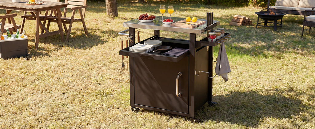 K&K 39.5' Outdoor Grill Cart with Storage Cabinet, Outdoor Bar Cart Pizza Oven Table with Wheels, Stainless Steel Top, Outdoor Kitchen Island with Spice & Paper Rack for BBQ, Waterproof Cover Included - Grand Goldman Shop