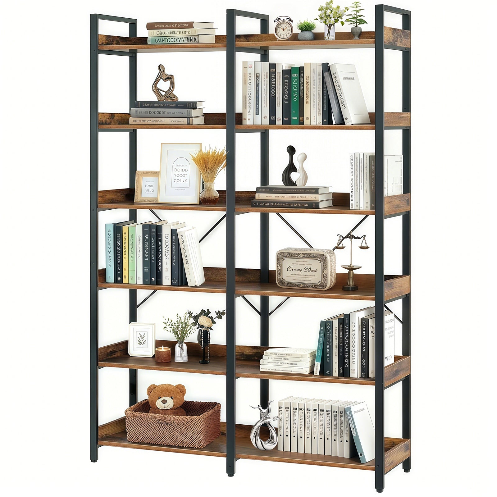 6-Tier Industrial Bookshelf, 67' Wooden Bookshelf with Open Shelves, Freestanding Metal Frame Bookcase for Storage and Display, Modern Book Shelves for Bedroom, Living Room and Home Office, Brown - Grand Goldman Shop
