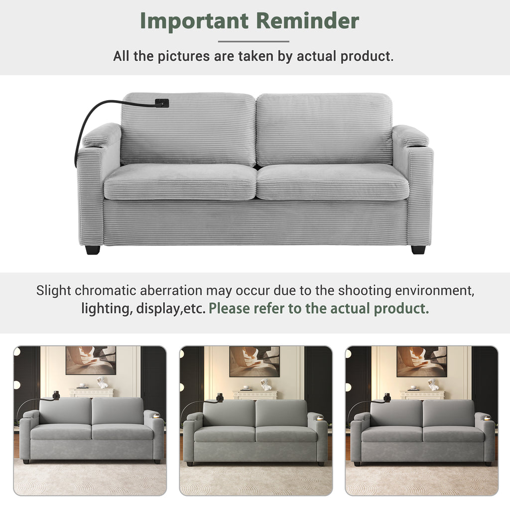 Corduroy Sleeper Sofa Loveseat with Full Size Mattress, USB Ports, Cup Holders, Side Pockets, and Phone Holder, Grey - Grand Goldman Shop