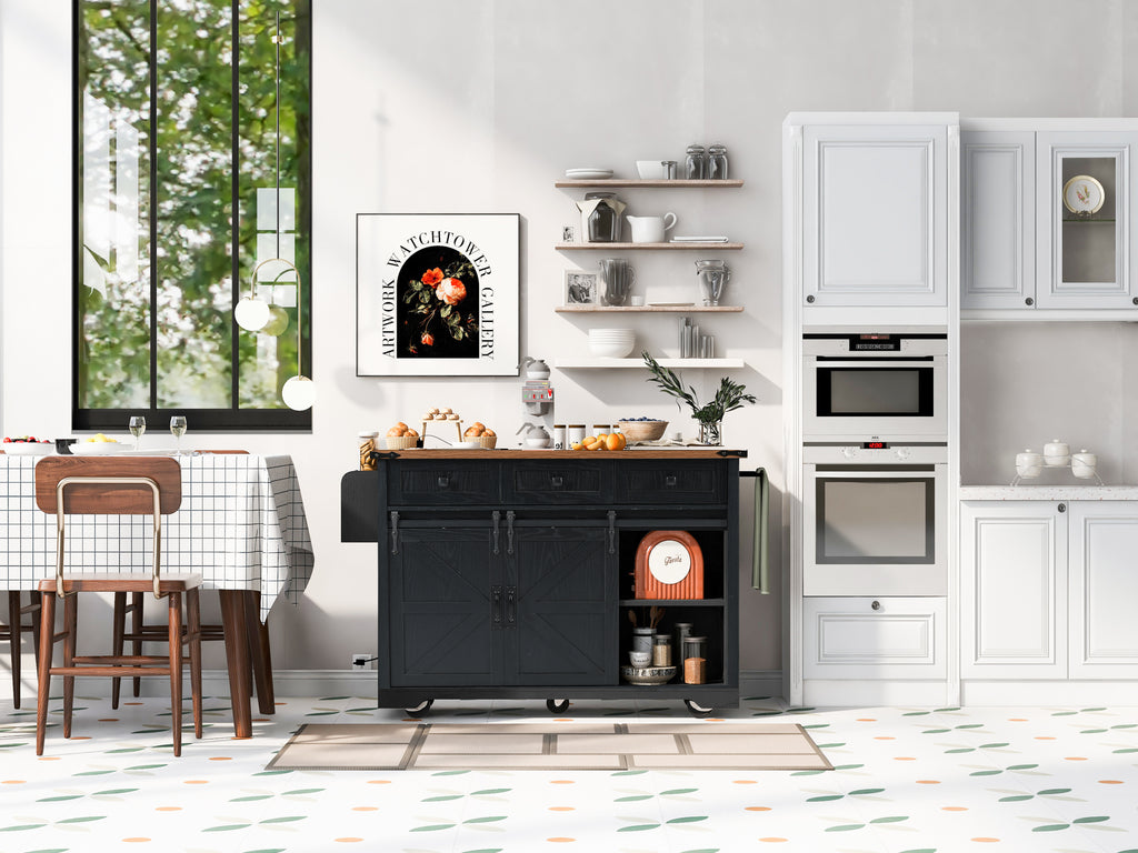 K&K 53.7' Farmhouse Kitchen Island with Power Outlet, 2 Sliding Barn Door Kitchen Storage Island with Drop Leaf, Spice Rack Rolling Kitchen Cart on Wheels, for Home, Kitchen and Dining Room, Black - Grand Goldman Shop
