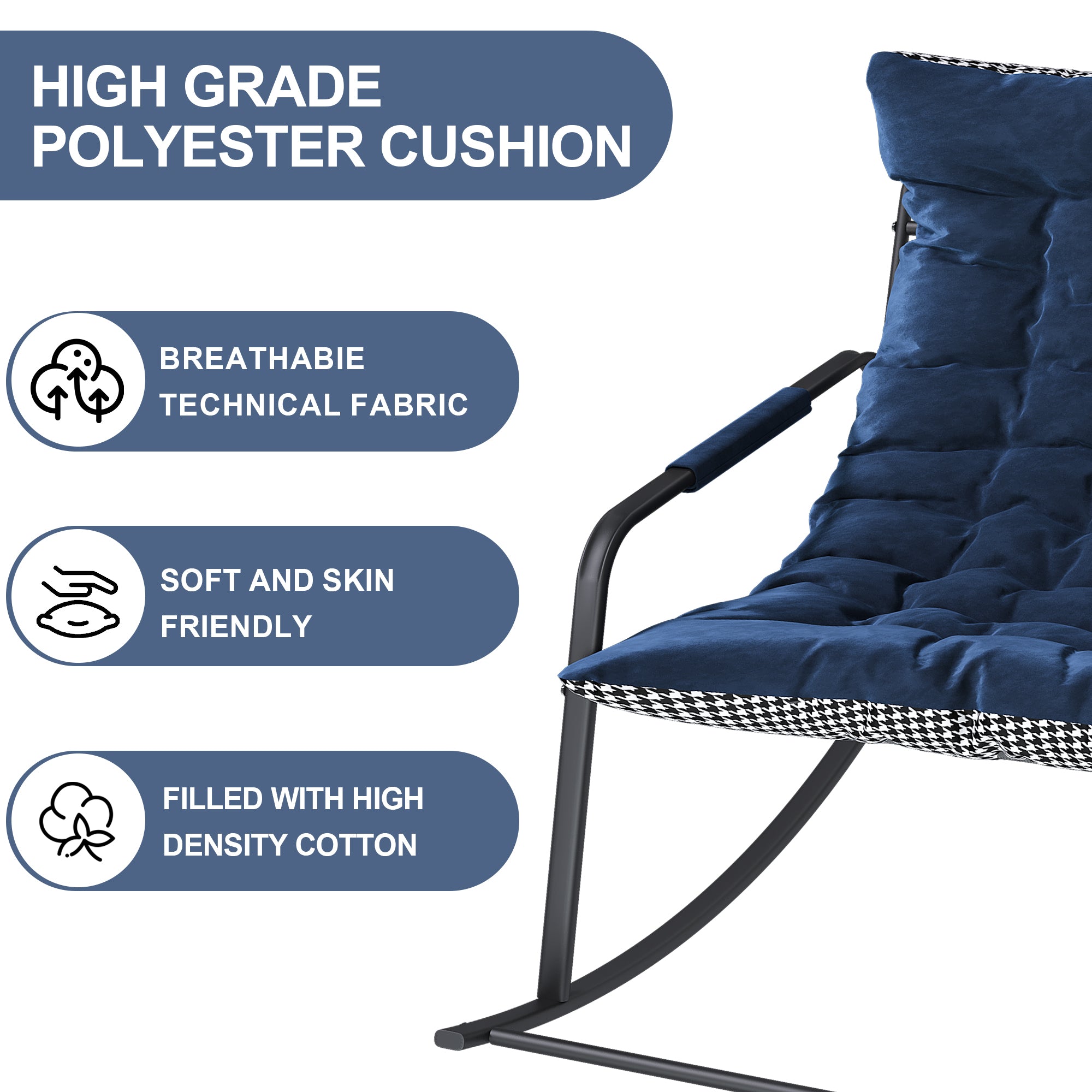 Blue Rocking Chair with Storage, Cushions & Armrests, All-Season Comfort Lounge Recliner, Breathable Ergonomic Lounge Chair for Bedroom, Living Room, Patio, Garden - Grand Goldman Shop