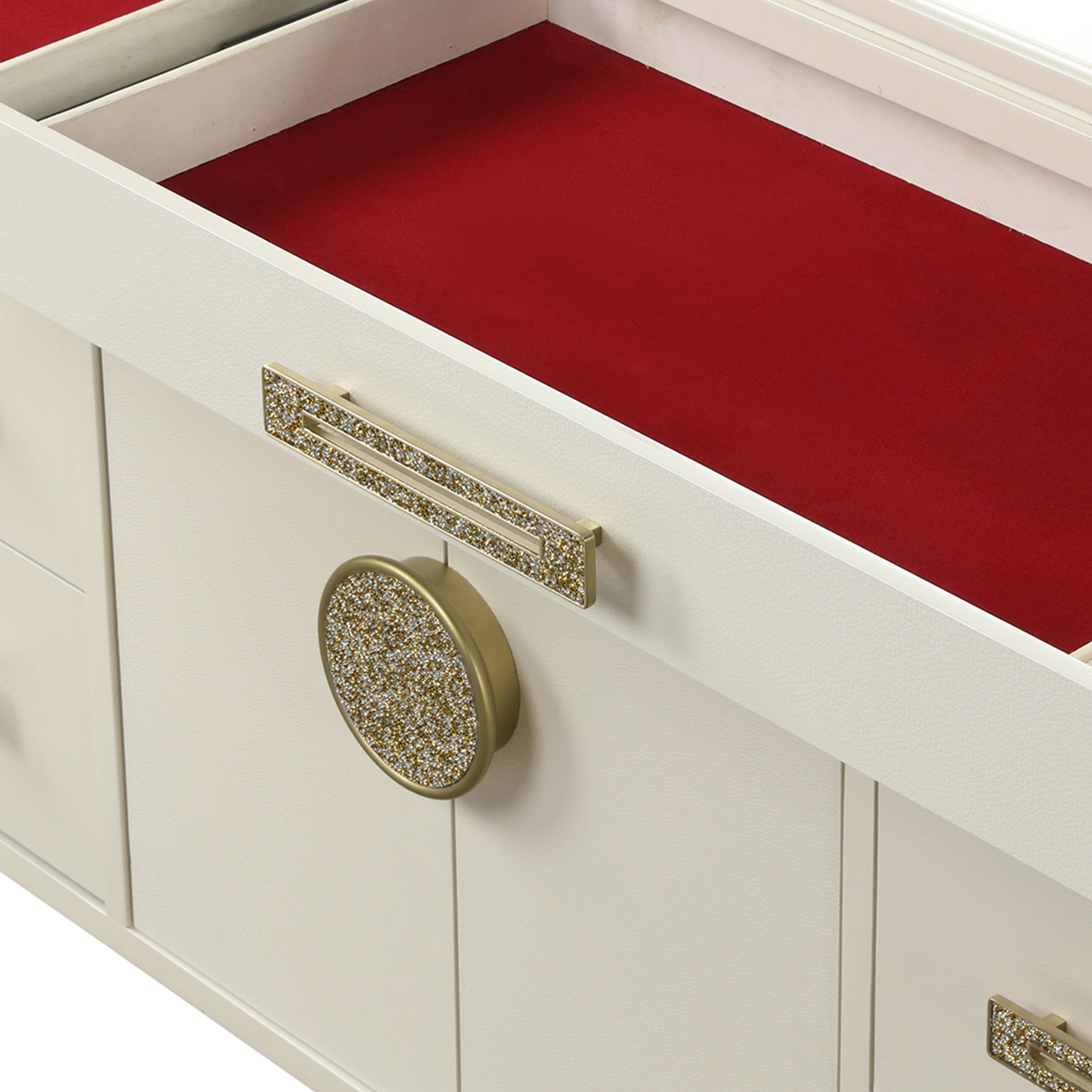 Jasmine Queen 5 Pc LED Bedroom Set in Beige made with Wood and Gold Accents - Grand Goldman Shop
