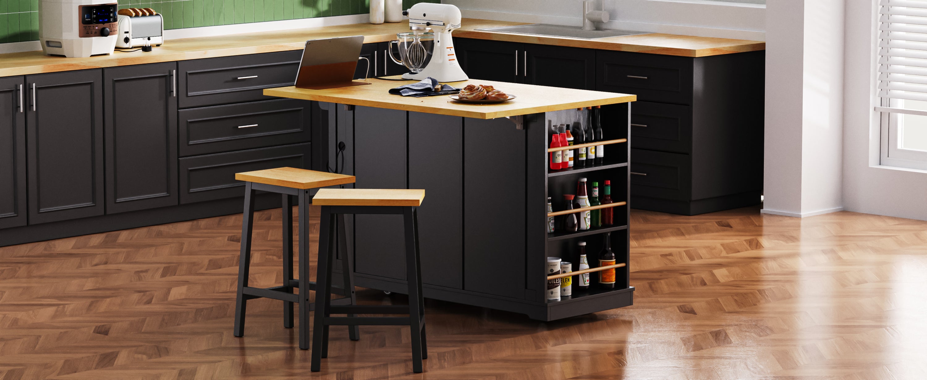 K&K 53inch Large Kitchen Island with 2 Bar Stools, Power Outlet,Door Internal Storage Rack, Kitchen Storage Cart on 5 Wheels with Drop Leaf, 5 Open Side Racks, 3 Drawers,Black (Three Packages) - Grand Goldman Shop