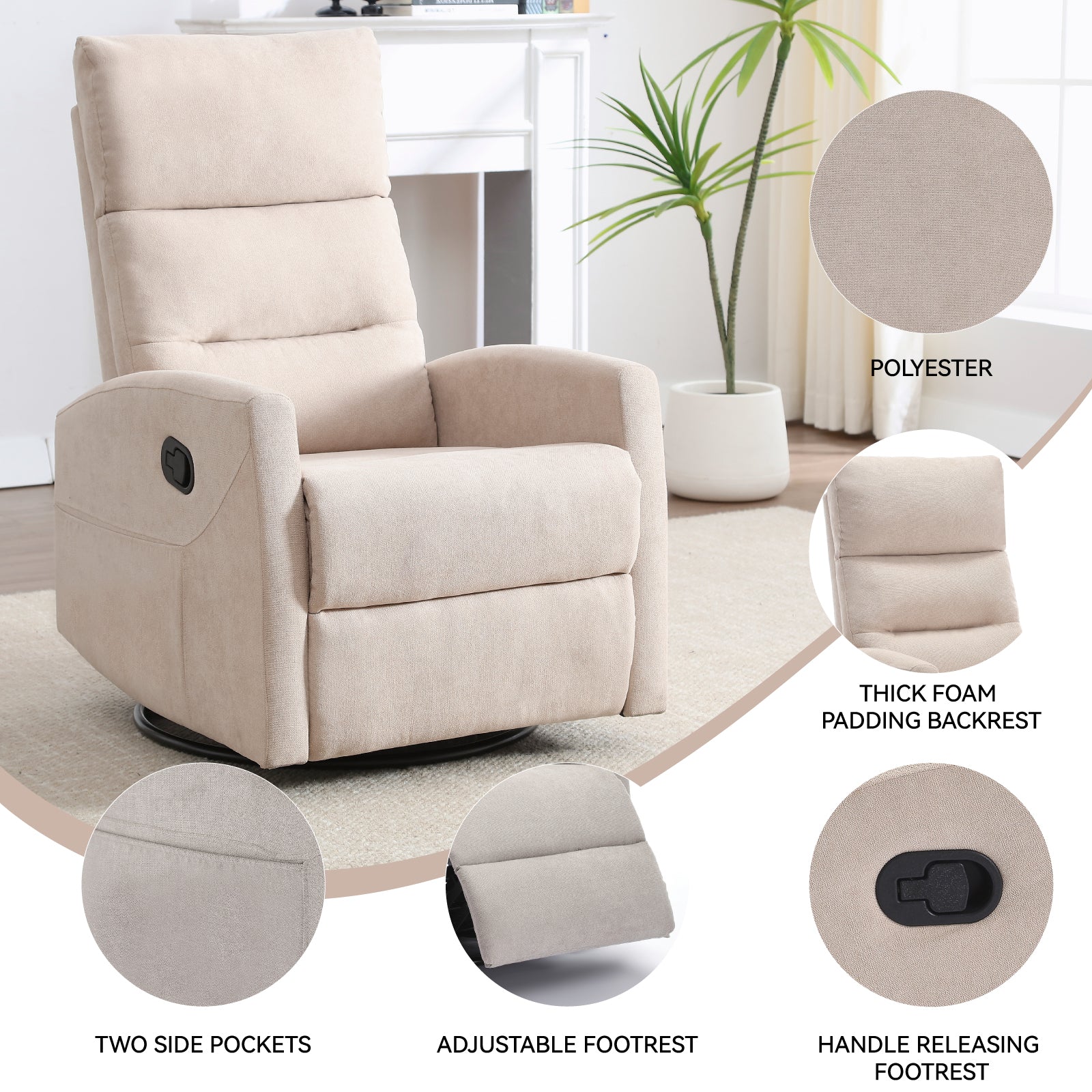 Manual Recliner Chair with Rocker and Swivel in Fabric for Living Room, Beige - Grand Goldman Shop