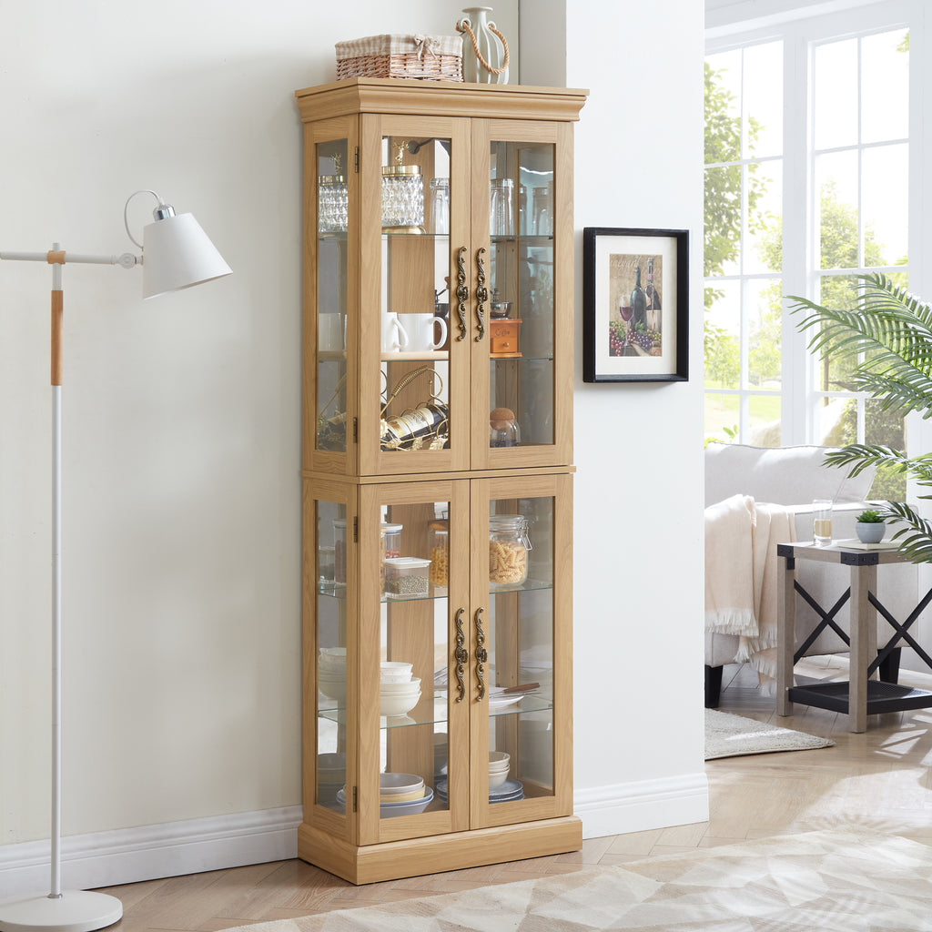 Lighted Glass Curio Display Cabinet,Display Cabinet,Glass Storage Cabinet Glass Wine cabinet Wood Frame Toy Display for Living Room, Kitchen, Pantry light bulb included Light oak - Grand Goldman Shop