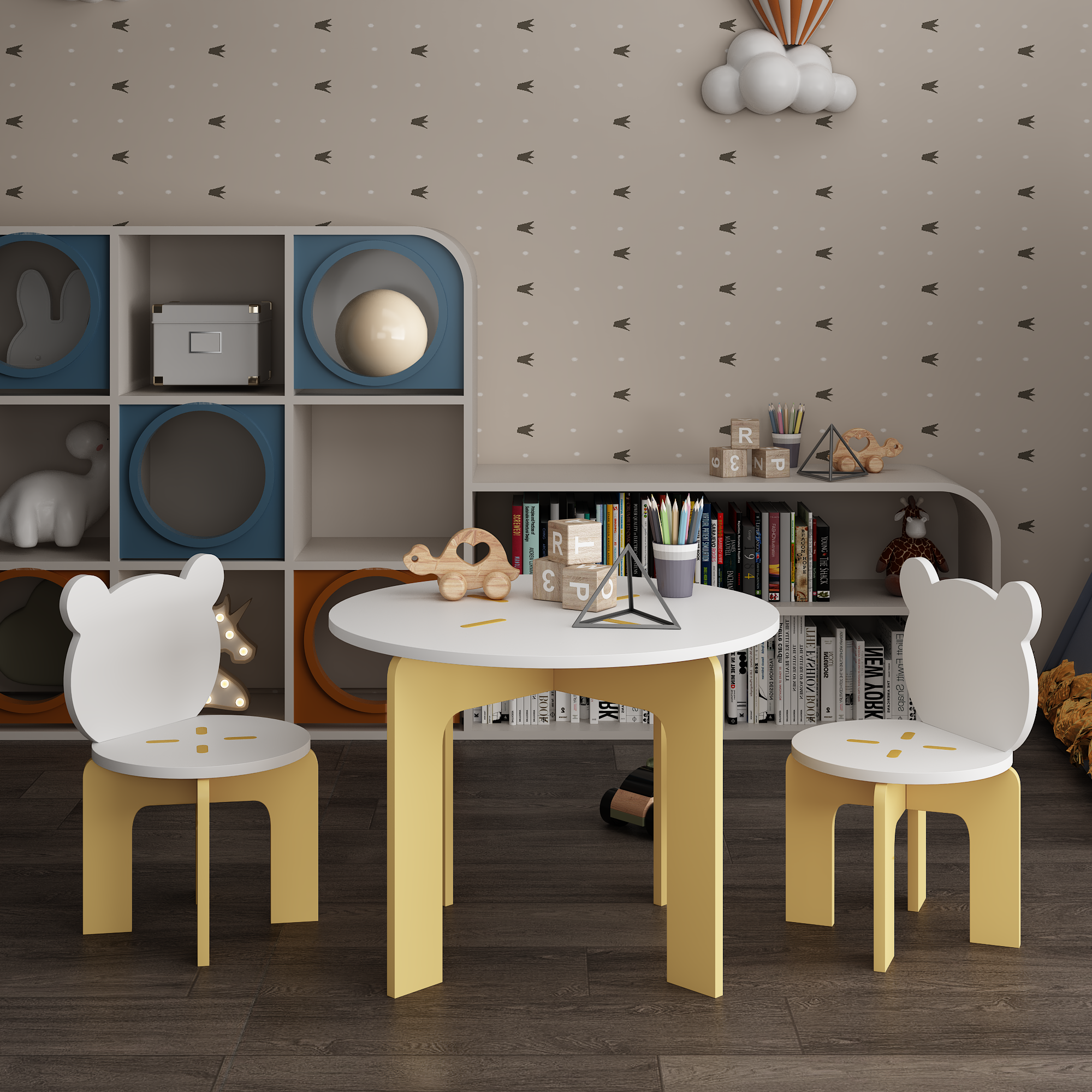 Kids Table and Chair Set, 3-Piece Toddler Table with 2 Chairs, Cute Bear-Back Chairs, Sturdy Wooden Activity Table Set for Ki