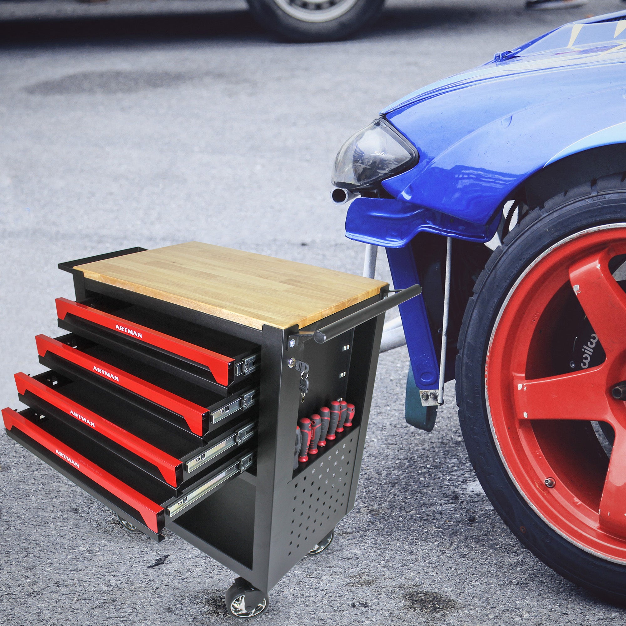 4 Drawers Multifunctional Tool Cart With Wheels And Wooden Top | Premium Home Decor - Grand Goldman