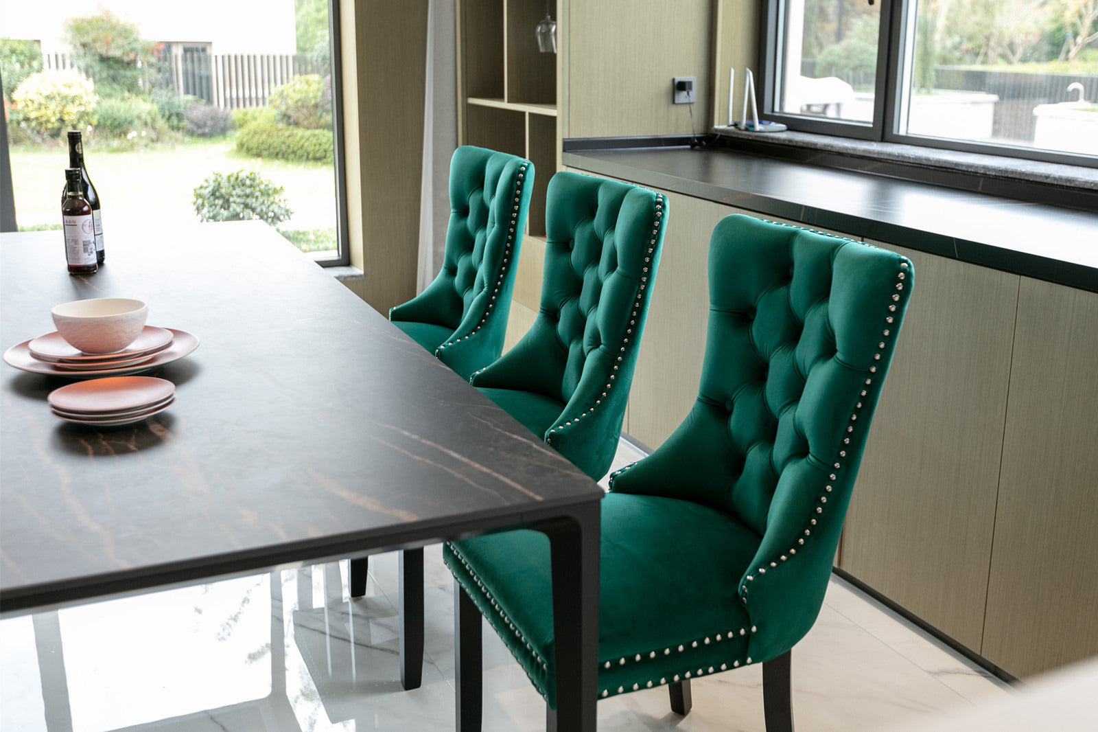 Nikki Collection Modern, High-end Tufted Solid Wood Contemporary Velvet Upholstered Dining Chair with Wood Legs Nailhead Trim 2-Pcs Set,Green, SW2001GN - Grand Goldman Shop