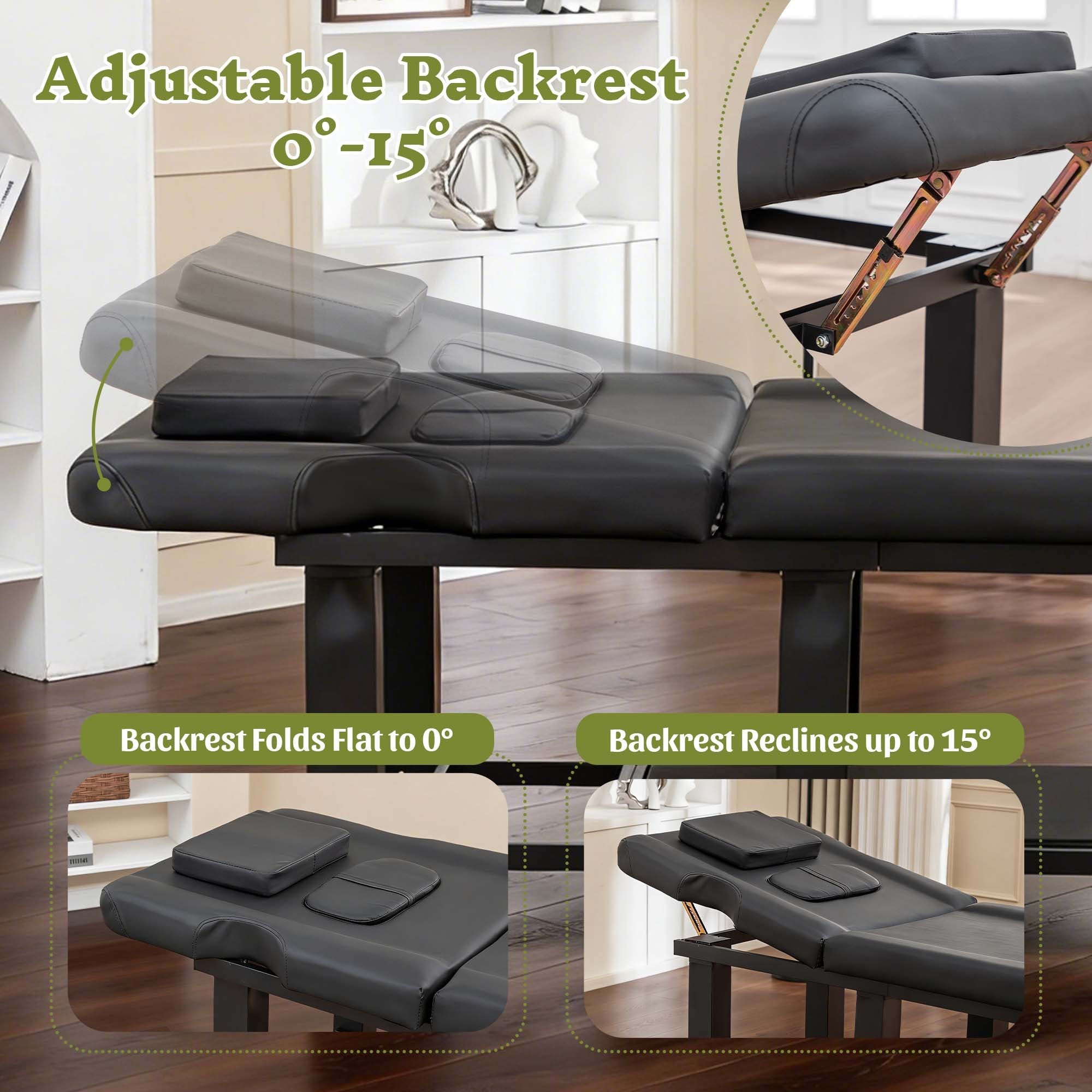 Spa Salon Massage Table with Bottom Storage, Adjustable Backrest (0-15°) & Detachable Headrest, High-Resiliency Waterproof Cu