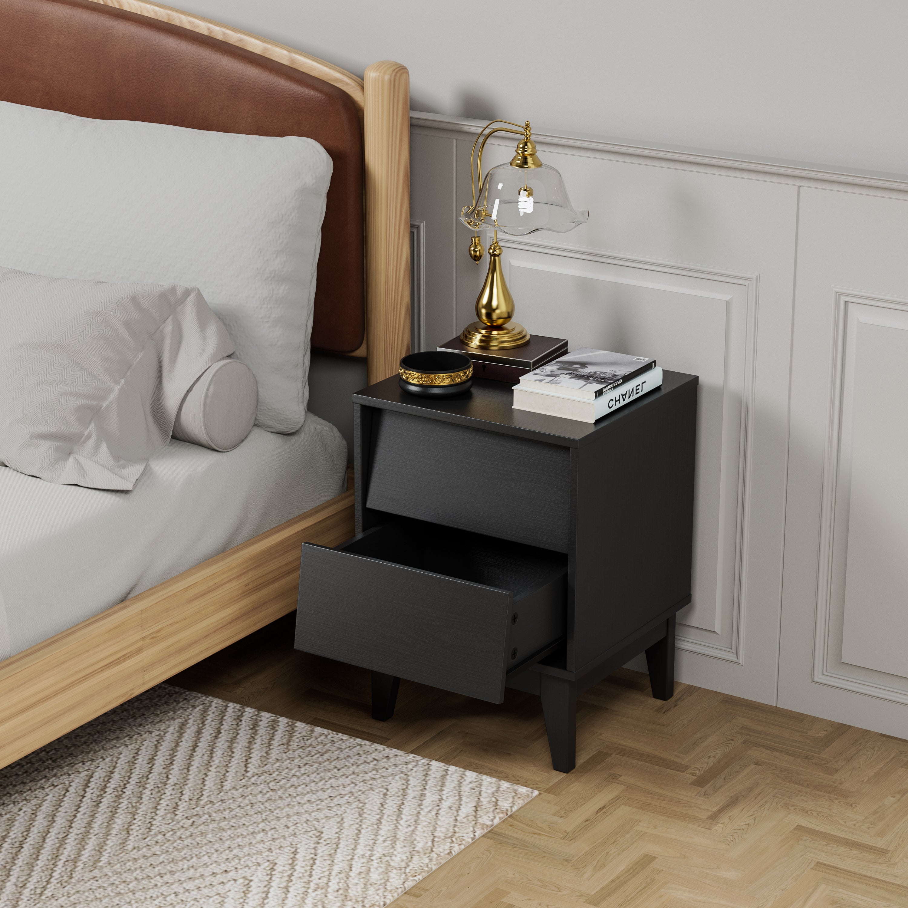 2 Set Nightstands Features Vintage-style and Bevel Design, Made of MDF, Mid Century Modern Nightstand, Night Stand for Bedroom - Grand Goldman Shop