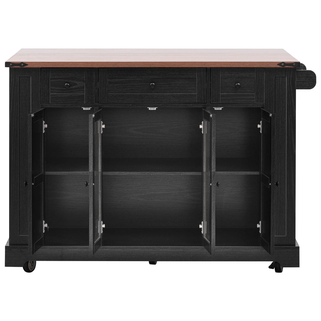 K&K 53'' Farmhouse Kitchen Island with Two Tempered Glass Cabinet Doors, Power Outlet, Rolling Kitchen Cart on Wheels with Drop Leaf, 5 Open Side Racks, 3 Drawers, for Kitchen, Dining Room, Black - Grand Goldman Shop