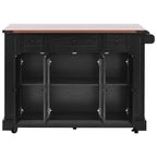 K&K 53'' Farmhouse Kitchen Island with Two Tempered Glass Cabinet Doors, Power Outlet, Rolling Kitchen Cart on Wheels with Drop Leaf, 5 Open Side Racks, 3 Drawers, for Kitchen, Dining Room, Black - Grand Goldman Shop