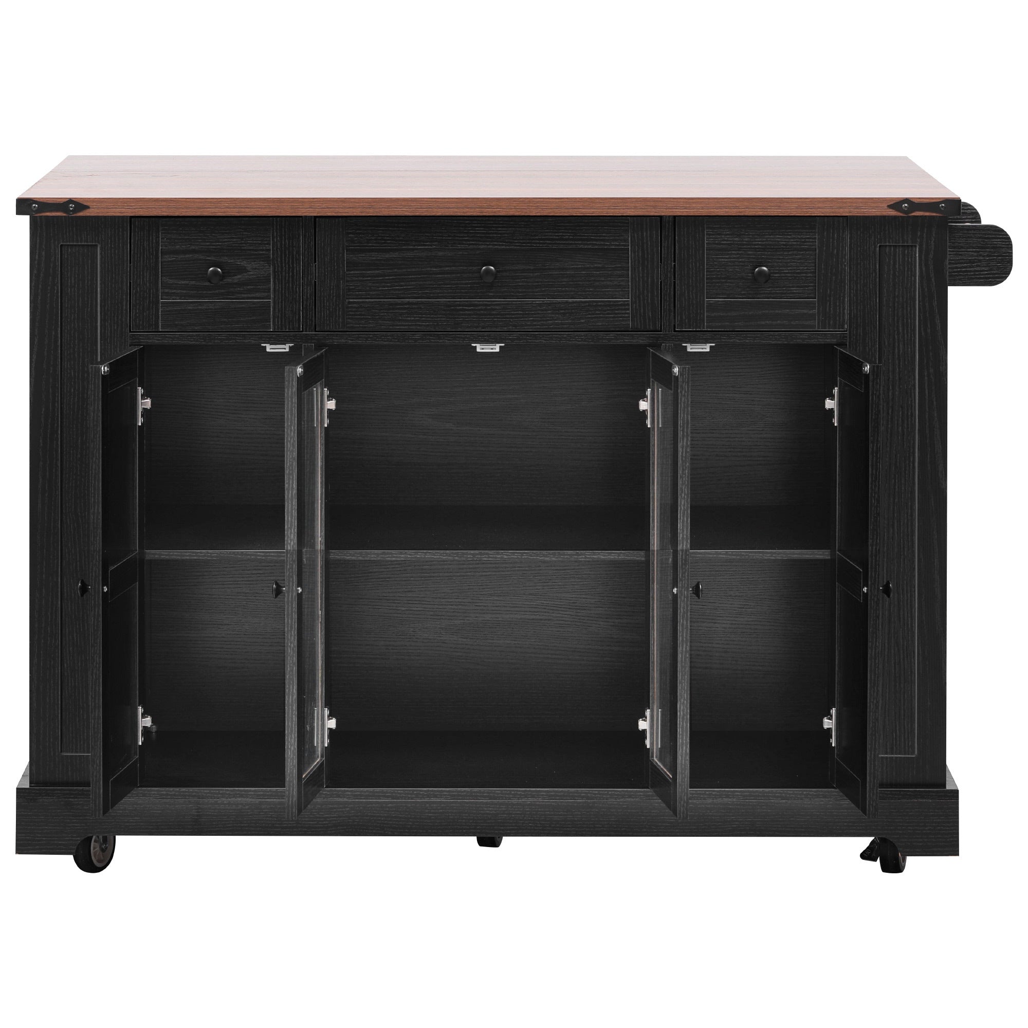 K&K 53'' Farmhouse Kitchen Island with Two Tempered Glass Cabinet Doors, Power Outlet, Rolling Kitchen Cart on Wheels with Drop Leaf, 5 Open Side Racks, 3 Drawers, for Kitchen, Dining Room, Black - Grand Goldman Shop