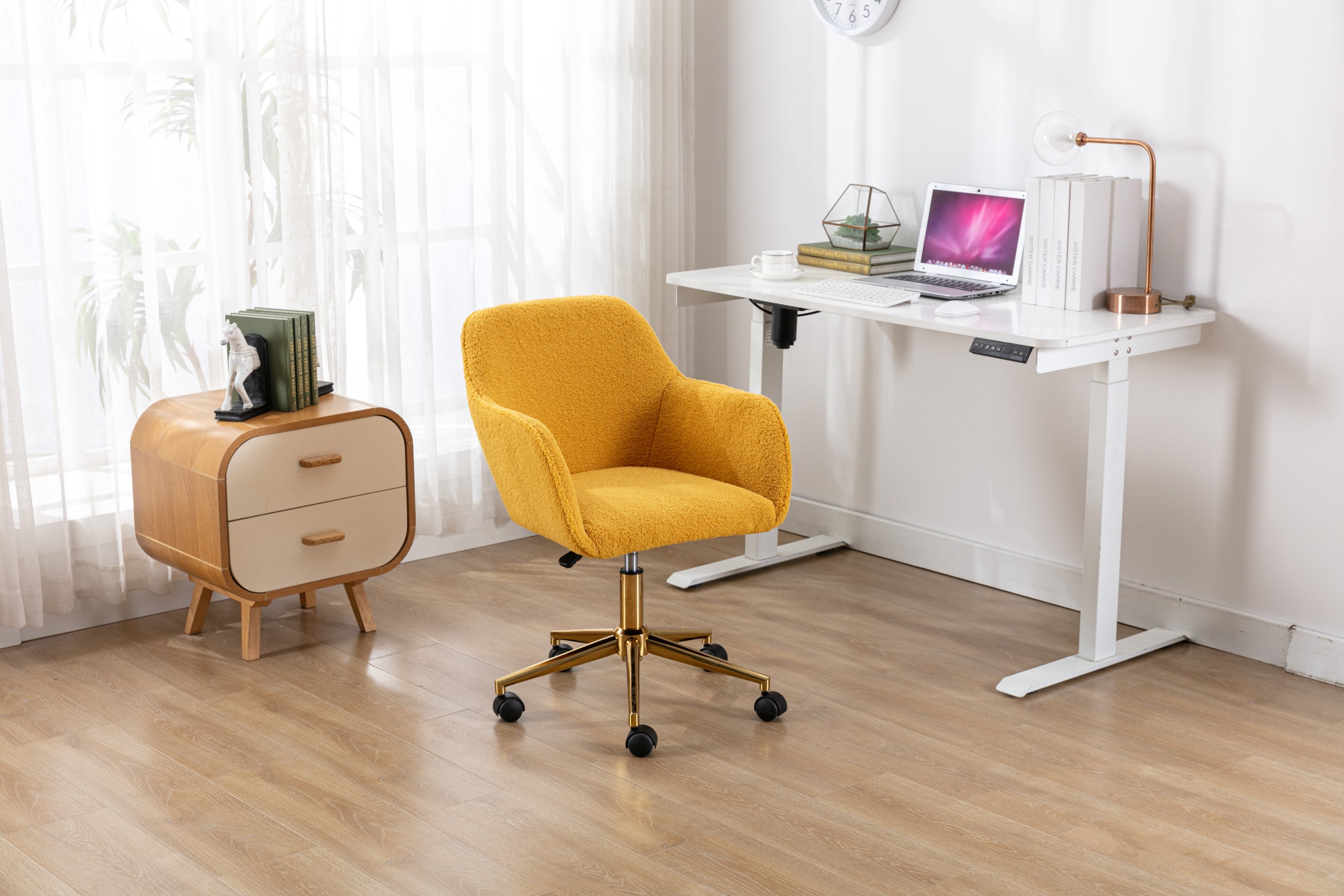 Modern Teddy Fabric Material Adjustable Height 360 Revolving Home Office Chair With Gold Metal Legs And Universal Wheel For I