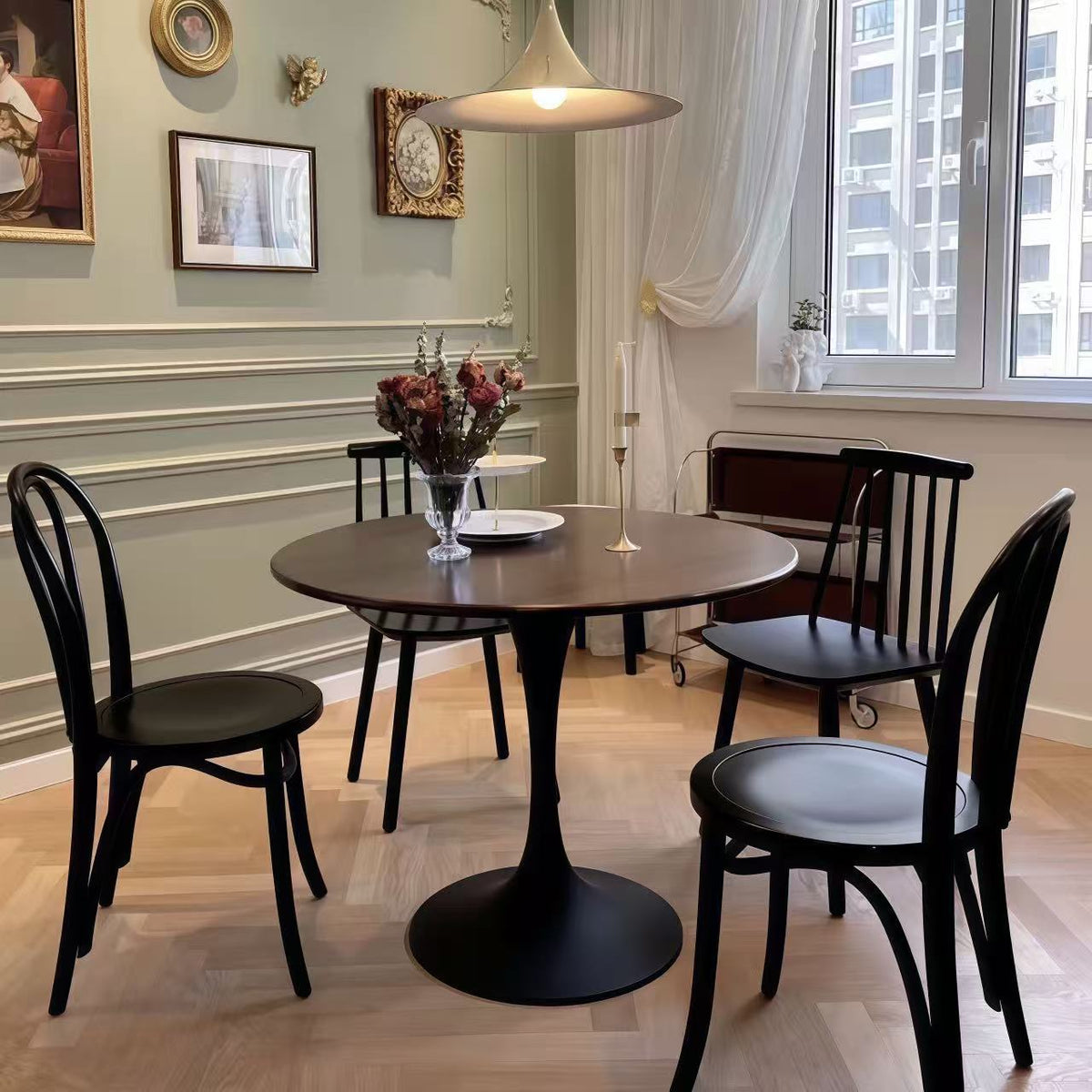 (Walnut Color) Round Table, ∅31.5'' Modern Dining Table, Dining Table,MDF Top and Steel Base Tulip Round Kitchen Table,Kitchen Table, Mid Century Coffee Table for Living Room, Oval Dining Table - Grand Goldman Shop