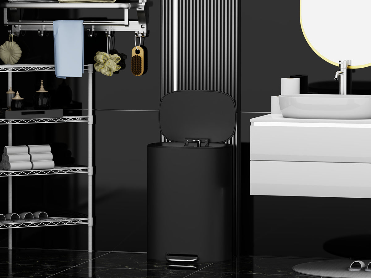13 Gallon 50L Kitchen Foot Pedal Operated Soft Close Trash Can - Stainless Steel Ellipse Bustbin - BLACK - Grand Goldman Shop