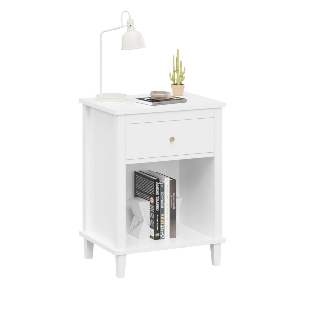 26.77''H White Wooden Nightstand with One Drawer and Shelf, Golden Handle, MDF Construction for Kids and Adults - Grand Goldman Shop