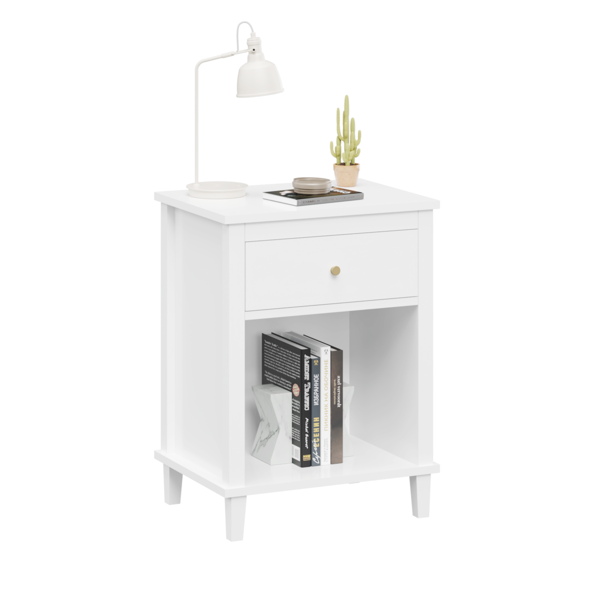 26.77''H White Wooden Nightstand with One Drawer and Shelf, Golden Handle, MDF Construction for Kids and Adults - Grand Goldman Shop