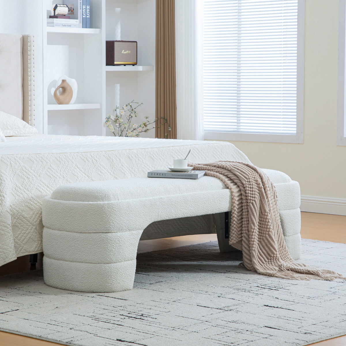 64.96'Wide Modern Upholstered Armless Upholstered Bedroom Benches End of Bed Bench for Entryway, Ottoman Foot Stool for Living Room and Bedroom, Entryway,White Boucle - Grand Goldman Shop