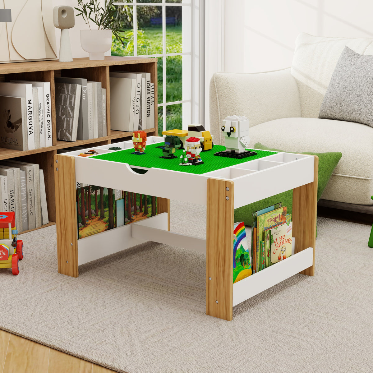 Kids 2 in 1 Play Table with 7 Storage Compartments,Compatible with LEGO Building Block,Modern Activity Learning Table Game Fu