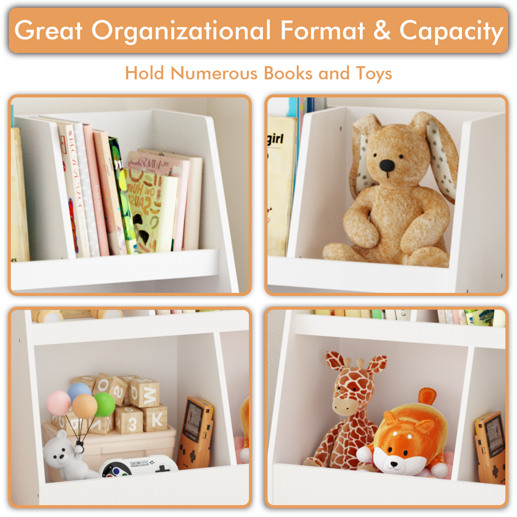 Modern Kids Bookshelf and Toy Organizer with 5 Cubbies, 2-Tier Wooden Open Bookcase, White MDF and Pine Legs | Premium Home D