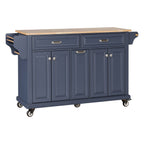 Kitchen Island with Rubber wood Countertop, Kitchen Cart on 5 Wheels with Storage Cabinet and 2 Top Drawers and A center double layered storage drawer for Dinning Room, Blue - Grand Goldman Shop