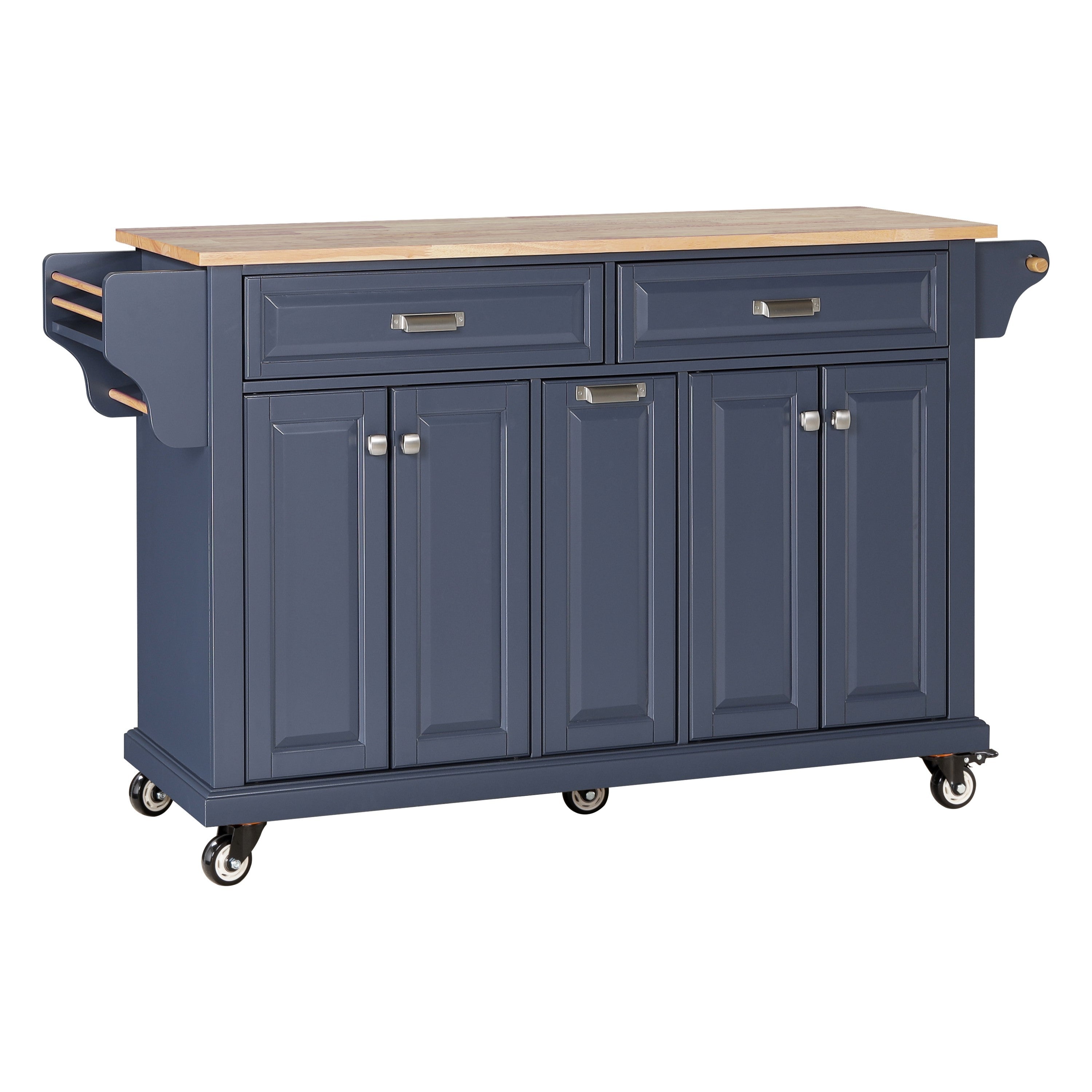 Kitchen Island with Rubber wood Countertop, Kitchen Cart on 5 Wheels with Storage Cabinet and 2 Top Drawers and A center double layered storage drawer for Dinning Room, Blue - Grand Goldman Shop