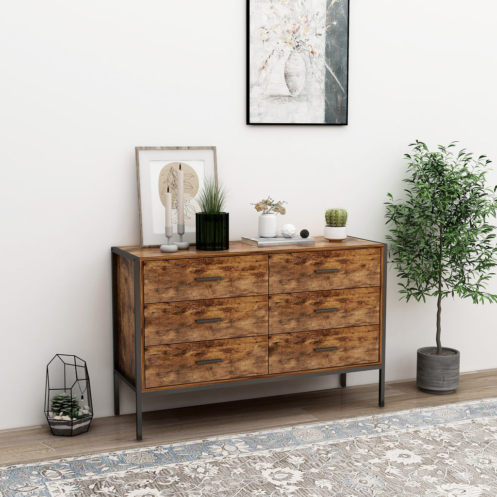 Industrial Style 6 Drawer Double Dresser,Rustic Brown Wood Storage Dresser Clothes Organizer with Sturdy Steel Frame, Chest with 6 Drawer, Storage Cabinet for Bedroom, Living Room - Grand Goldman Shop