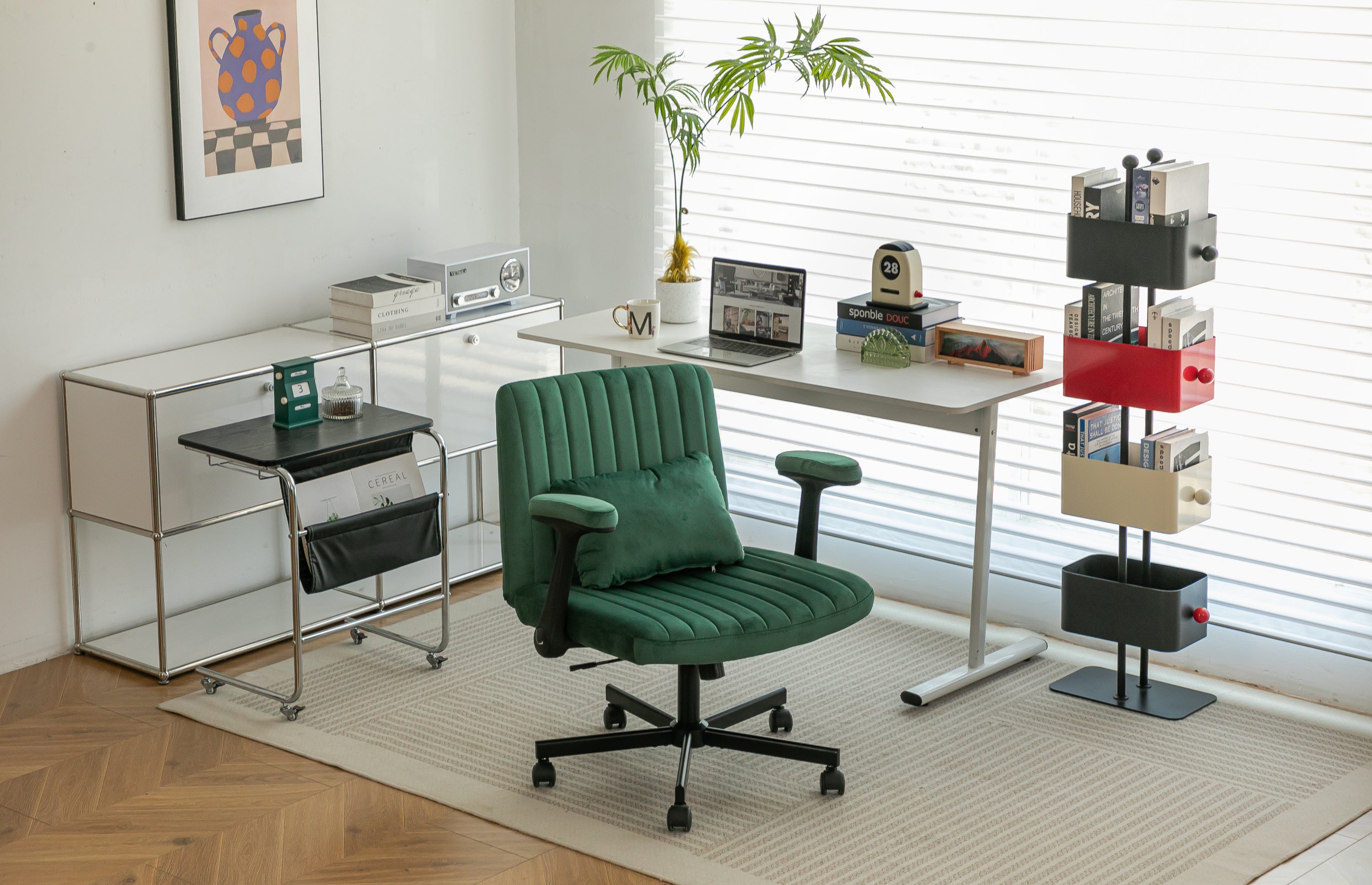 Green Velvet Criss Cross Armrest Office Chair with Wheels - Modern for Home Office, Meditation & Creative Work | Premium Home