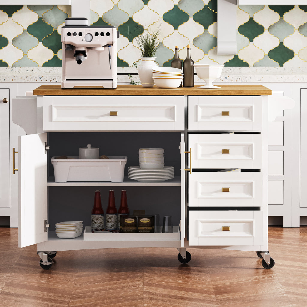 K&K 52'' Kitchen Island with Drop Leaf, Embossed Texture Kitchen Island on Wheels with Spice Rack, Towel Rack, 2 Doors and 5 Drawers, Kitchen Storage Cart with Adjustable Shelf for Kitchen, White - Grand Goldman Shop