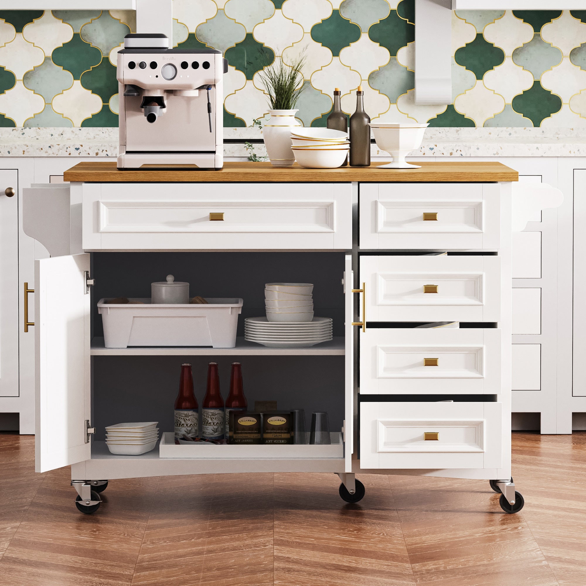 K&K 52'' Kitchen Island with Drop Leaf, Embossed Texture Kitchen Island on Wheels with Spice Rack, Towel Rack, 2 Doors and 5 Drawers, Kitchen Storage Cart with Adjustable Shelf for Kitchen, White - Grand Goldman Shop