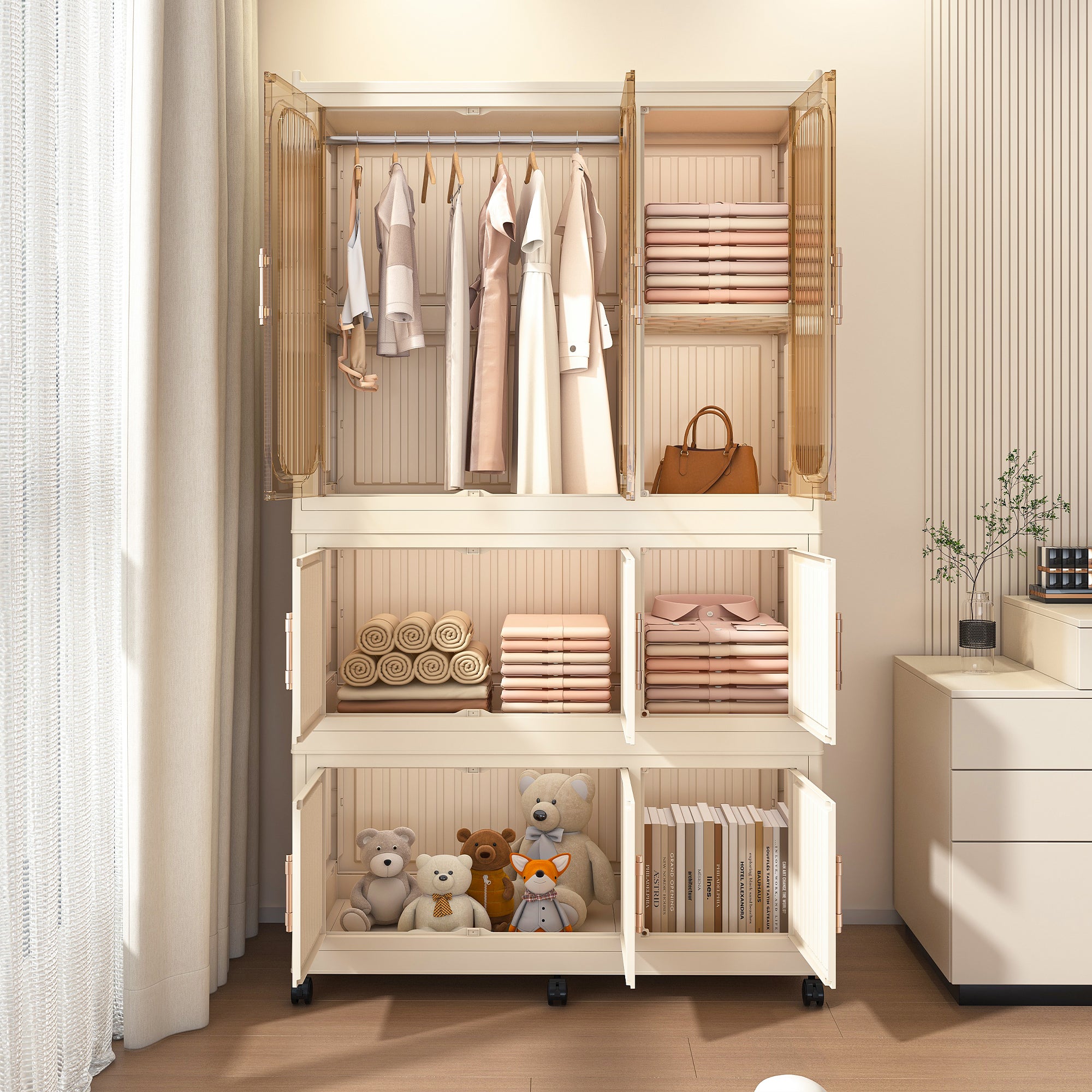 Portable Wardrobe Closet Storage Organizer with 9 Magnetic Doors, Cream White, - Grand Goldman Shop
